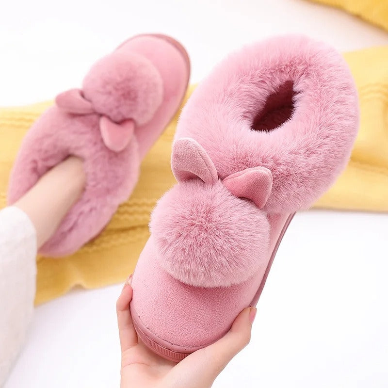 Lily – Fur Slippers with Round Toe and Rabbit Ear Design