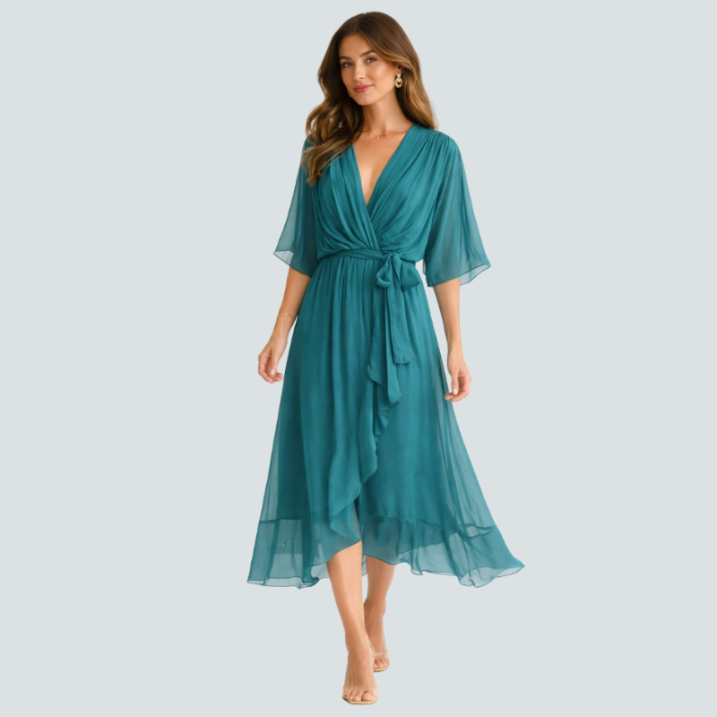 Stylish Midi Dress with V-Neck and Batwing Sleeves