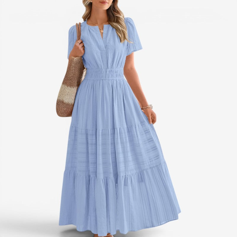 Women's Midi Dress with Wrap Waist and Short Sleeves