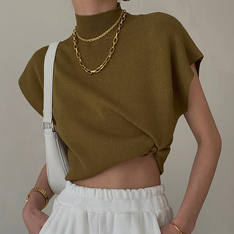 Women's Ribbed High Neck Blouse with Short Sleeves