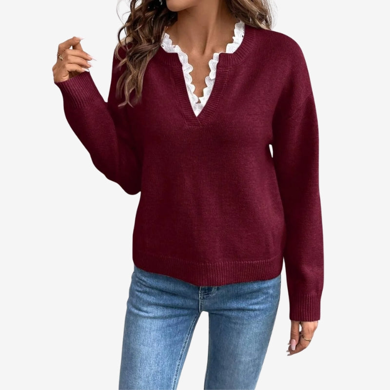 Fiona – Long Sleeve Sweater with V Neck and Ribbed Hem Design