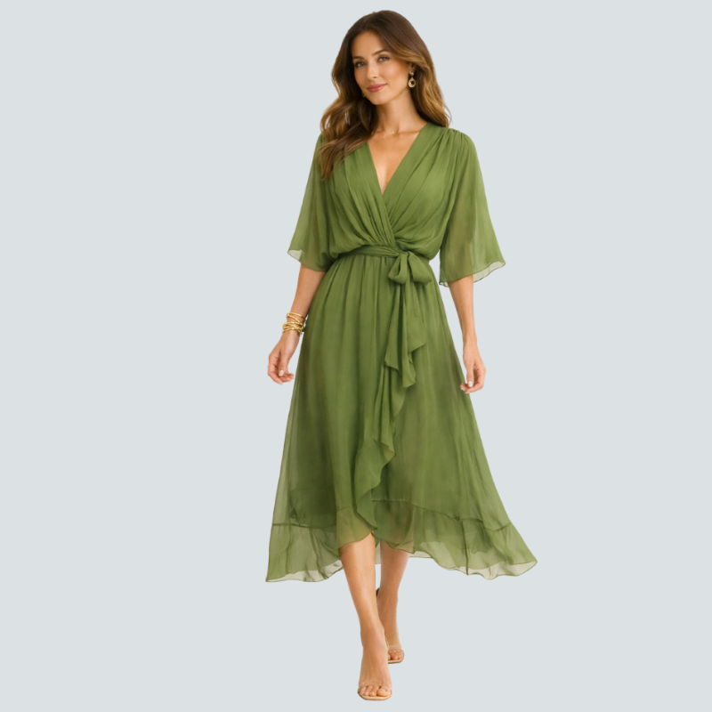 Stylish Midi Dress with V-Neck and Batwing Sleeves