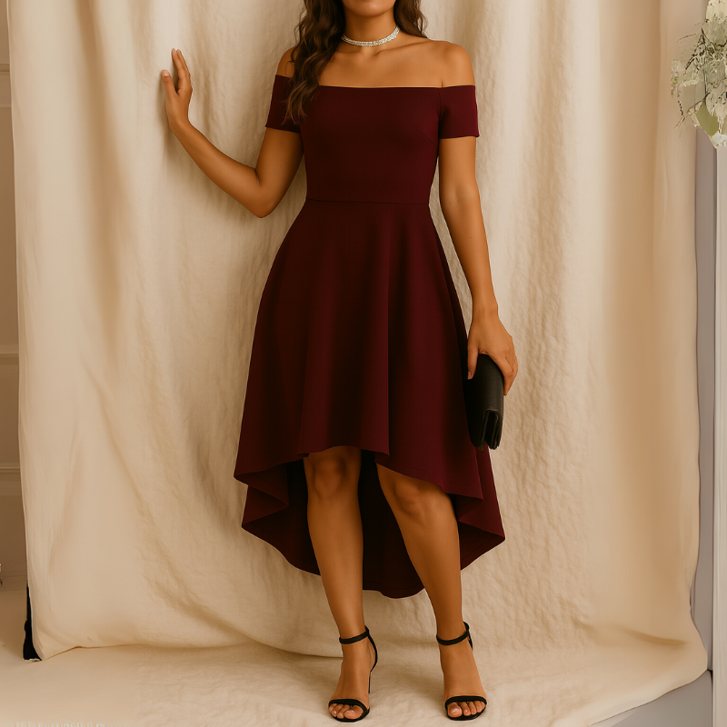 Clara – Off-Shoulder Jurk met Korte Mouwen en Midi Lengte Velani