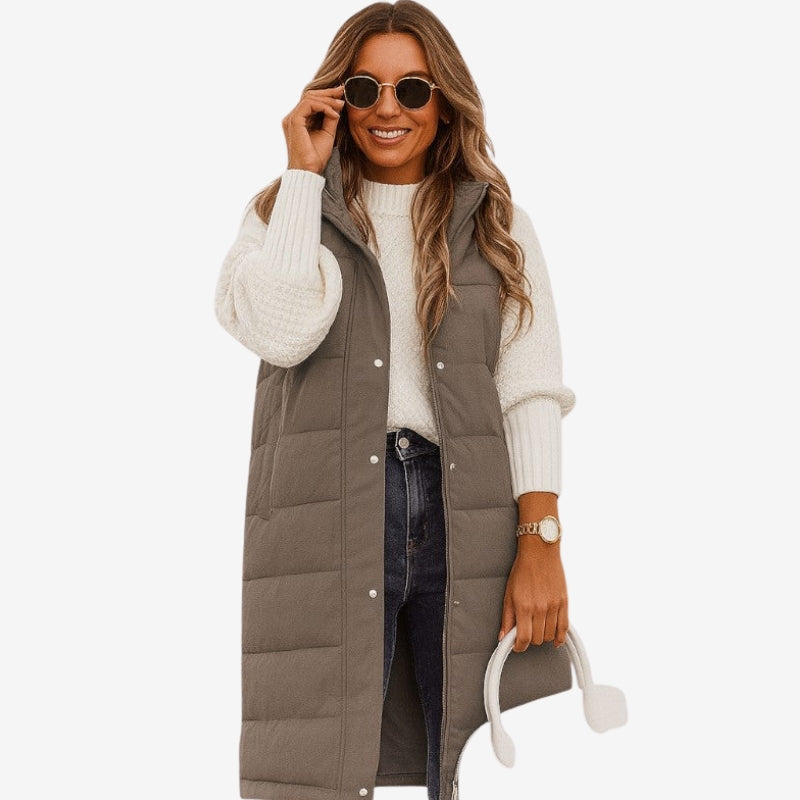 Ava – Sleeveless Hooded Coat with Button Closure