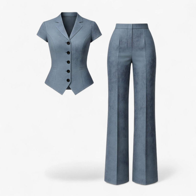 Elena – Tweedelig Setje met V-Hals Top en Wijd Uitlopende Broek Velani