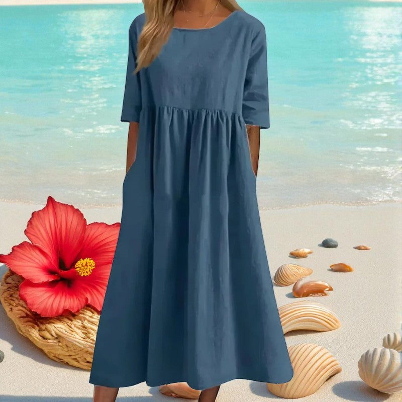 Olivia – Losvallende Lange Jurk met Korte Mouwen Velani