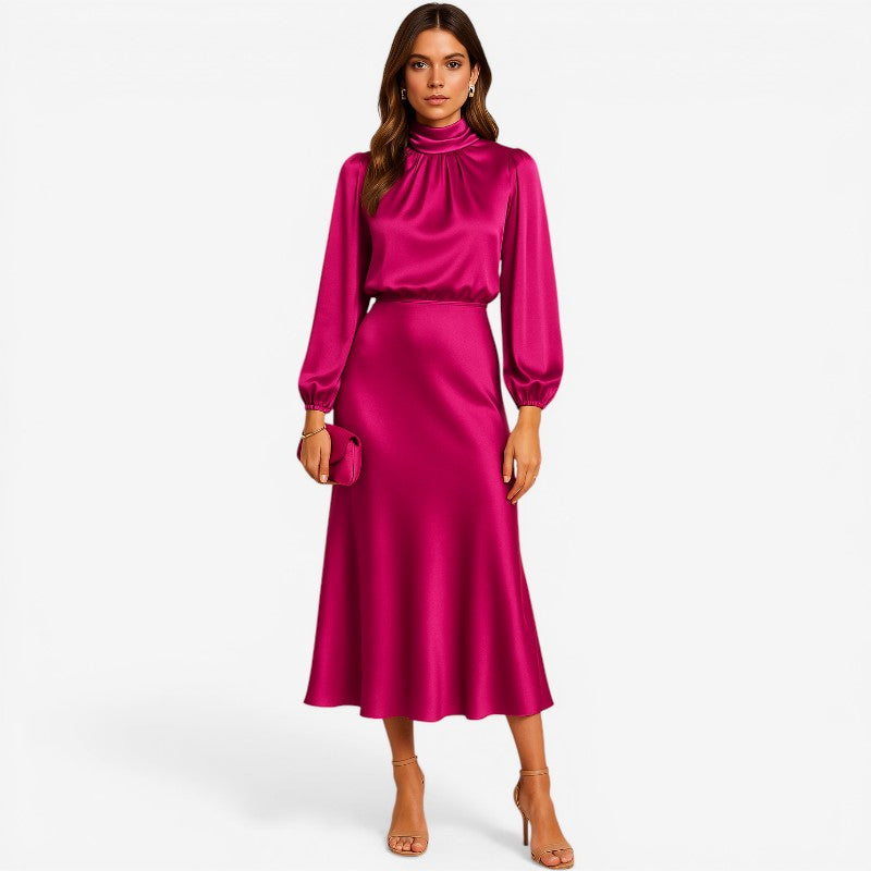 Women’s Wrap Dress with Long Puff Sleeves & High Neck