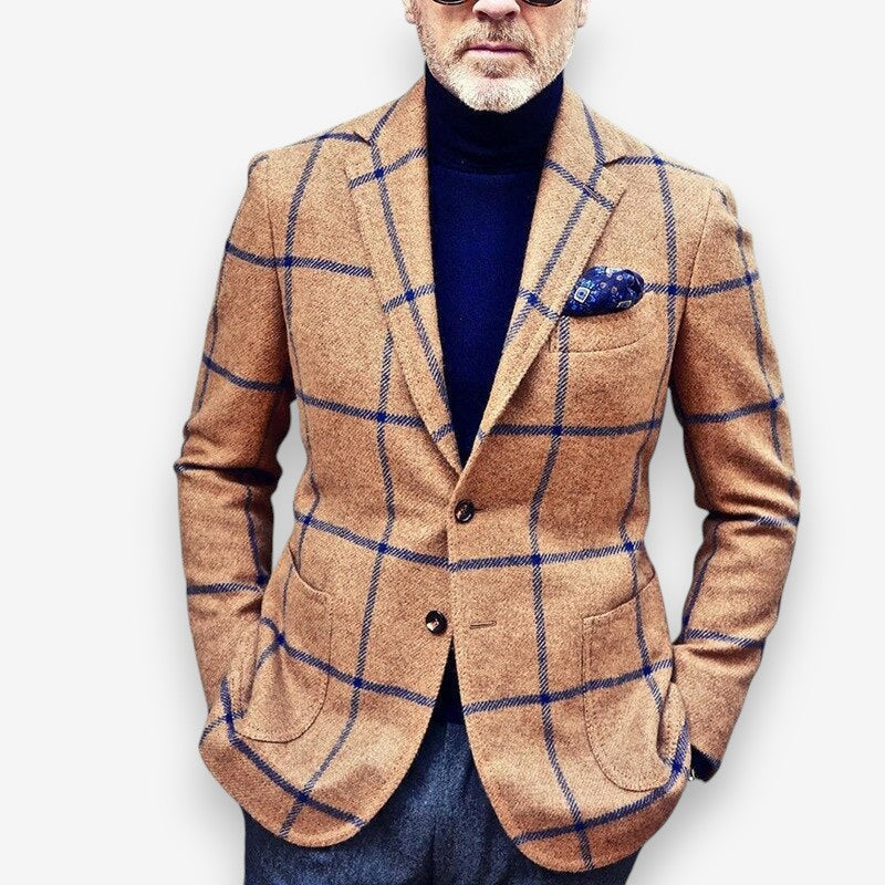 Brian – Long Sleeve Jacket with Down Collar and Plaid Design