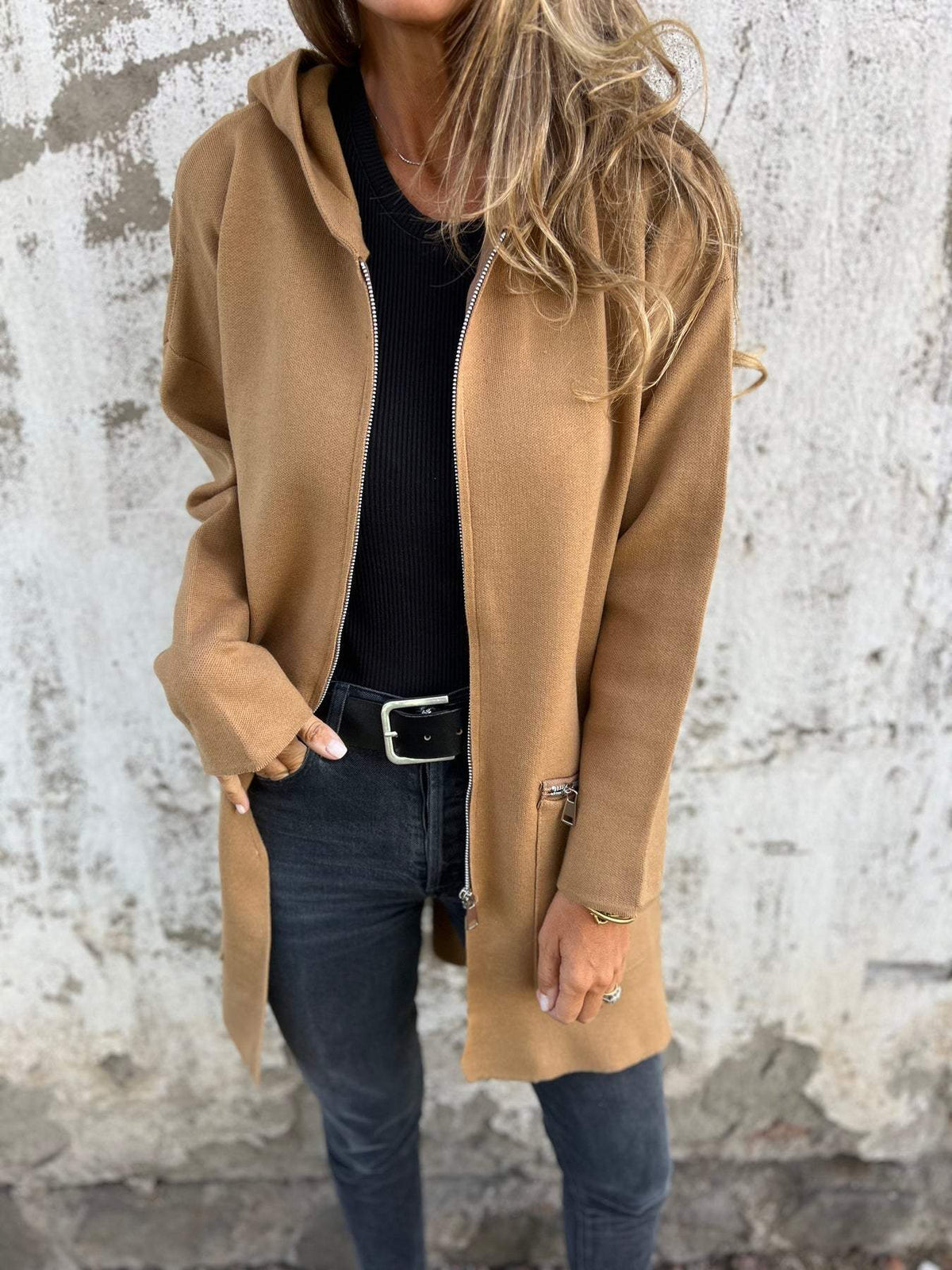 Zipelle - Long Hooded Cardigan with Full Zipper