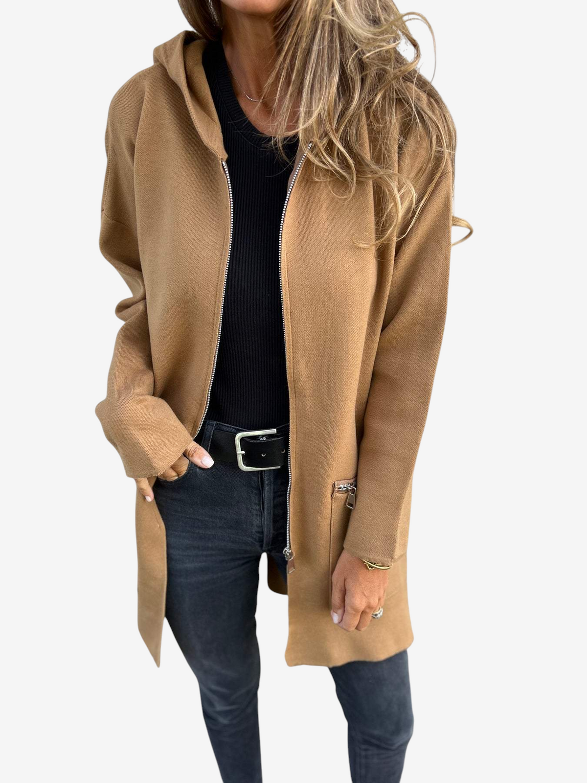Zipelle - Long Hooded Cardigan with Full Zipper