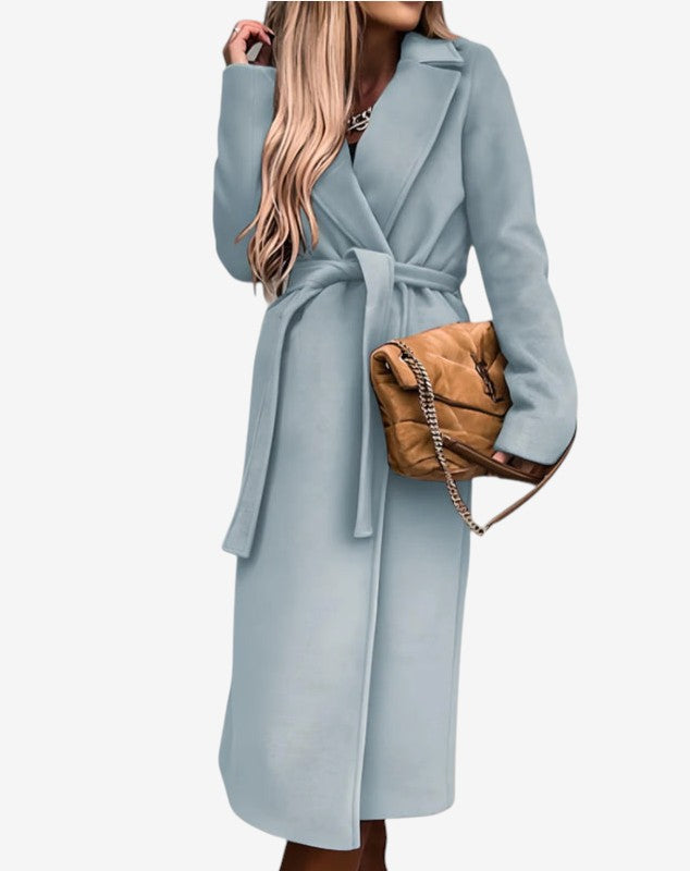 Beltline - Long Trench Coat with Belted Waist and Lapel Collar