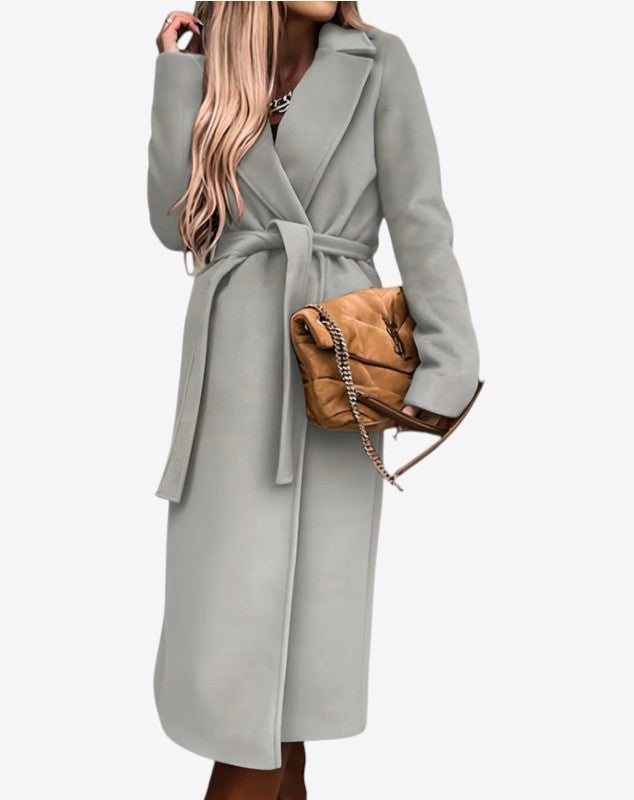 Beltline - Long Trench Coat with Belted Waist and Lapel Collar
