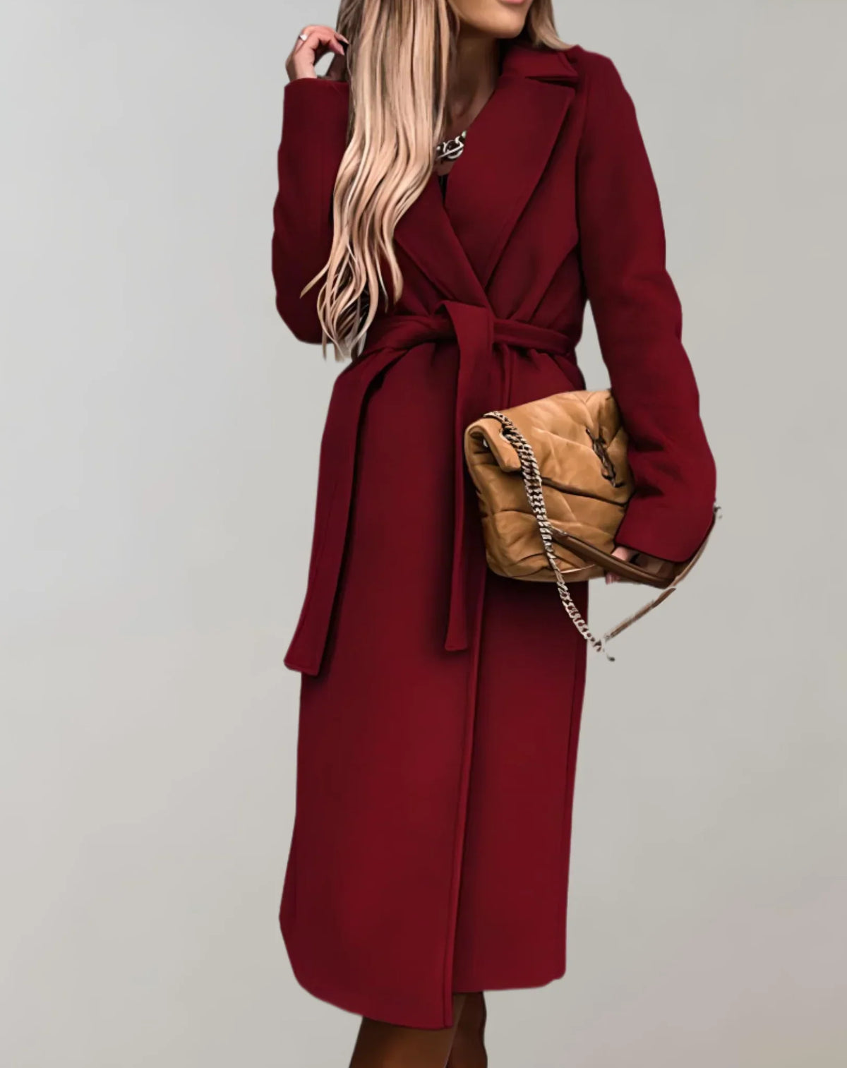 Beltline - Long Trench Coat with Belted Waist and Lapel Collar