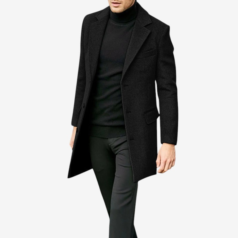 Outerwear - Men's Mid-Thigh Coat with Notched Lapel Collar and Button Closure