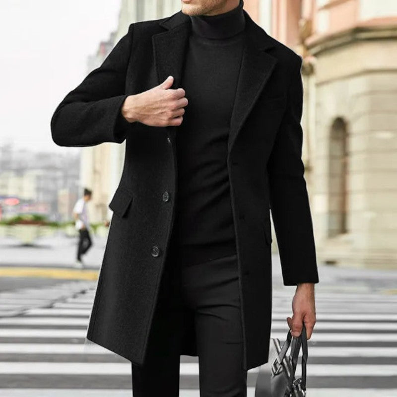 Outerwear - Men's Mid-Thigh Coat with Notched Lapel Collar and Button Closure