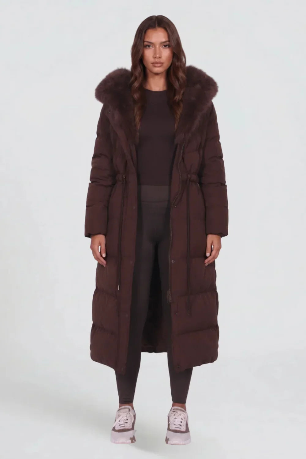 Quiltex - Long Quilted Hooded Coat with Waist Cord