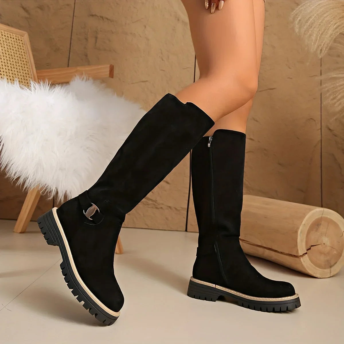 Edgy - Platform Heel Knee High Boots with Lug Sole
