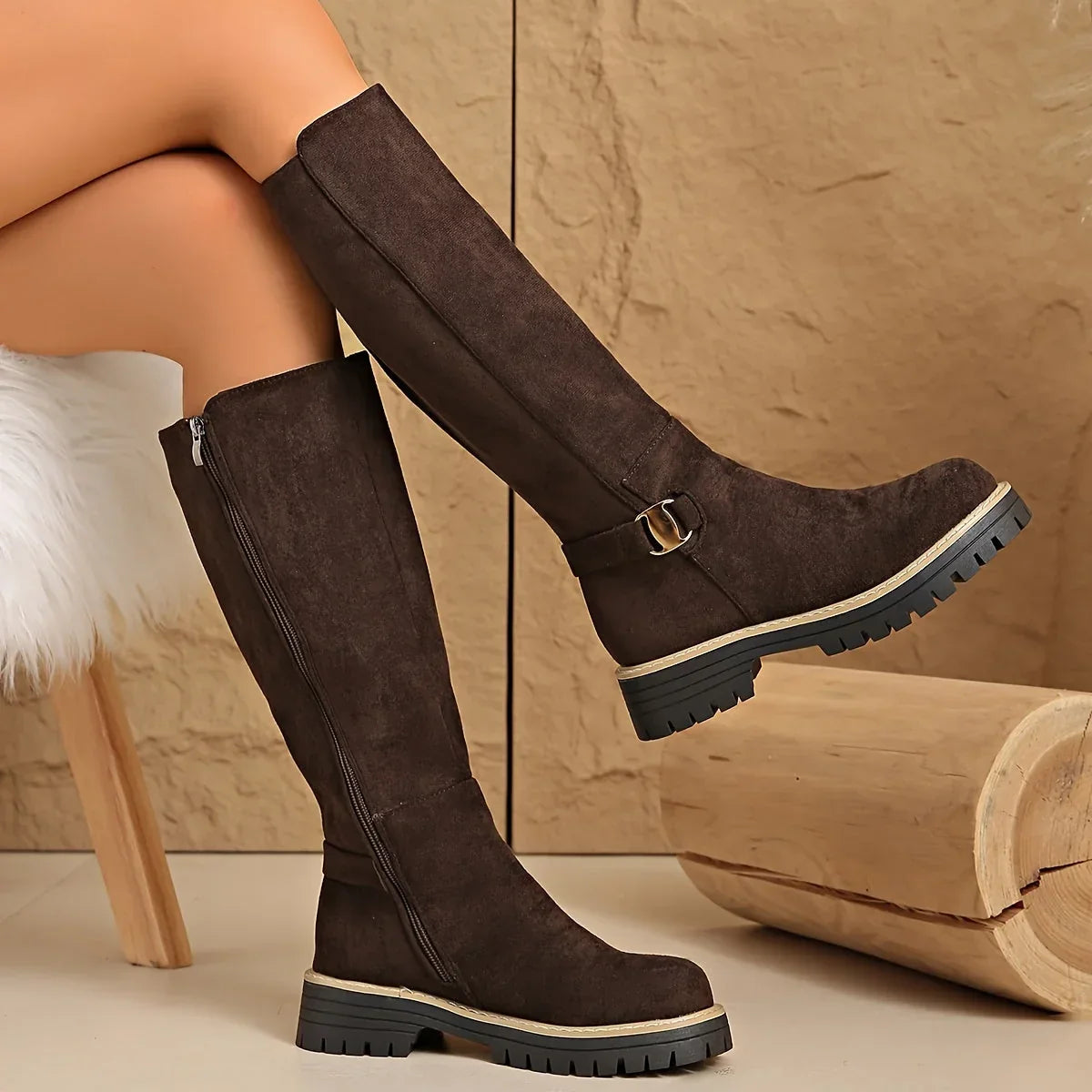 Edgy - Platform Heel Knee High Boots with Lug Sole
