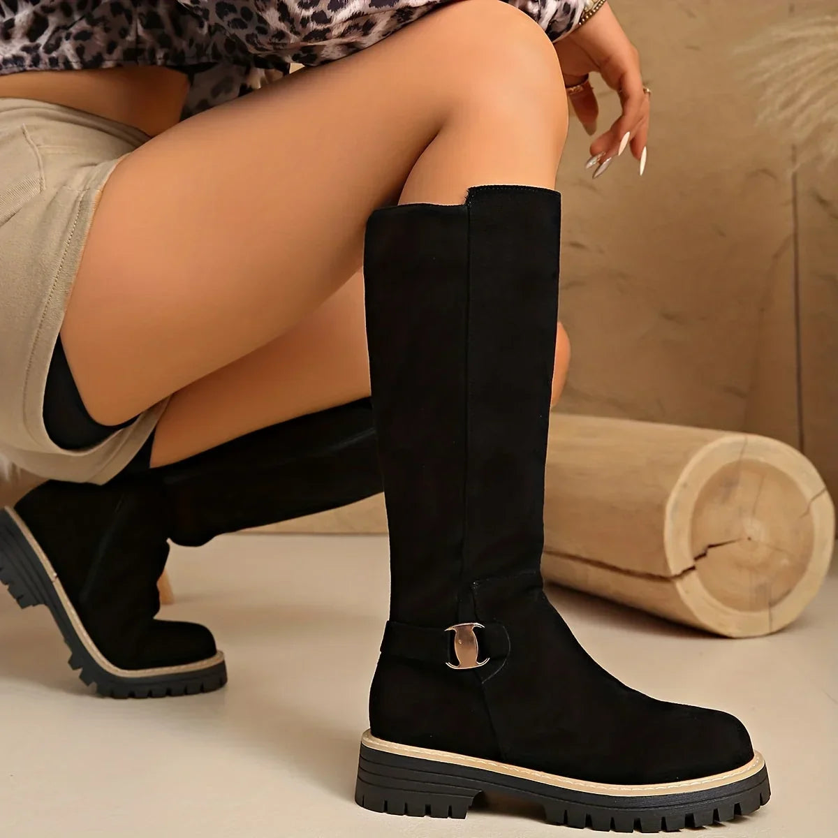 Edgy - Platform Heel Knee High Boots with Lug Sole