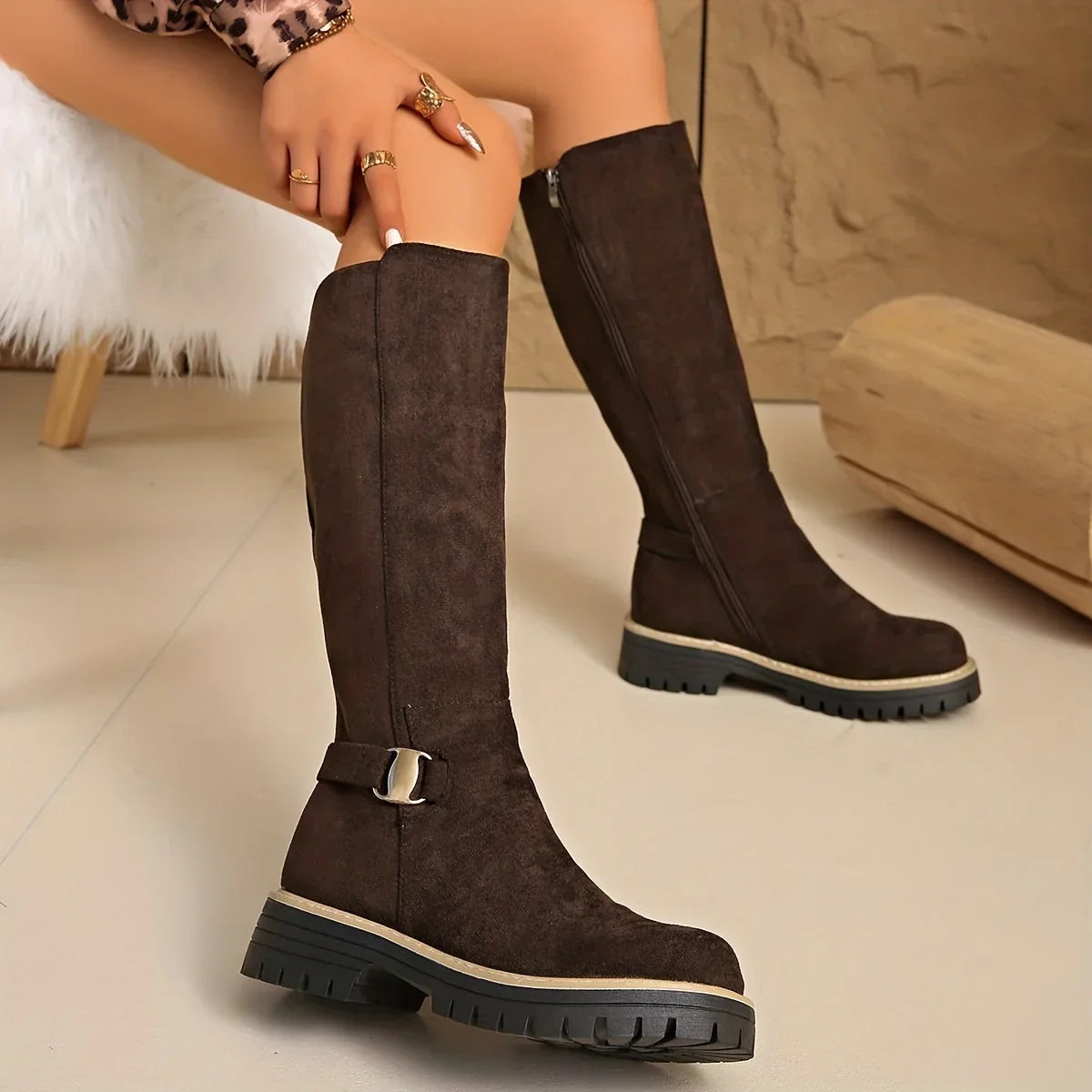 Edgy - Platform Heel Knee High Boots with Lug Sole