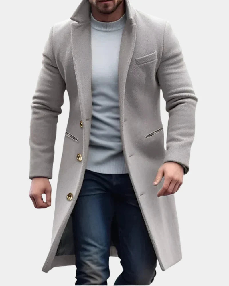 Pocketon - Long Coat with Stand Collar and Button Closure