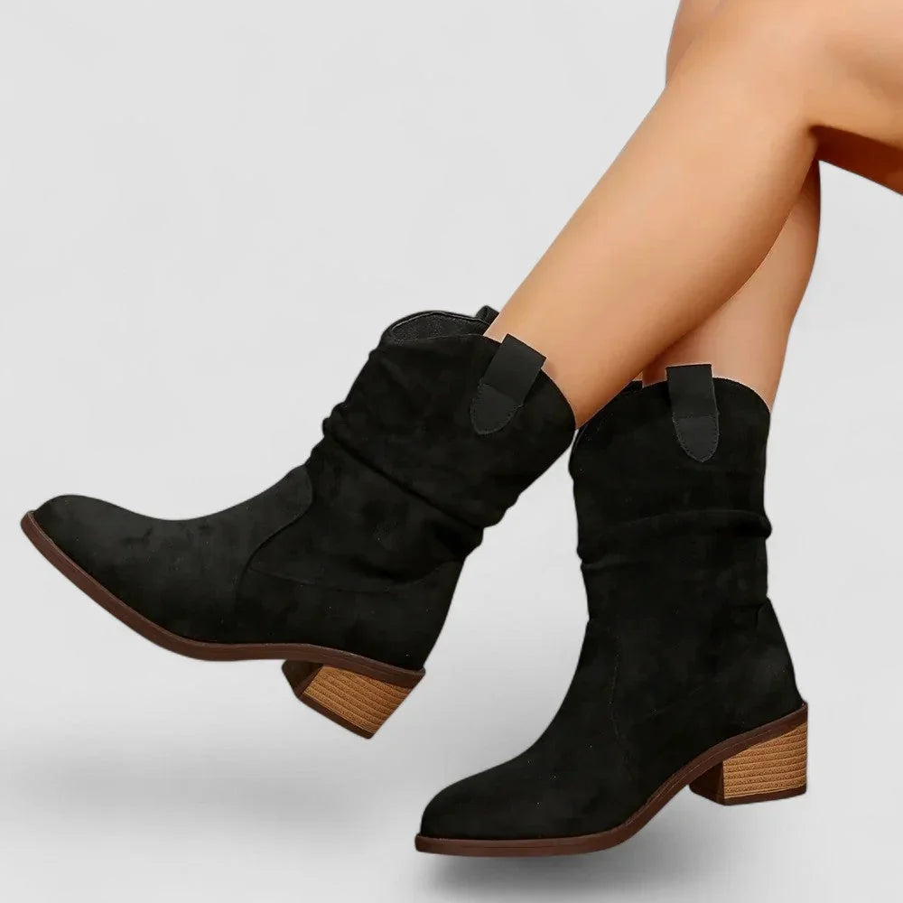 Pointelle - Ruched Mid-Calf Ankle Boots with Pointed Toe