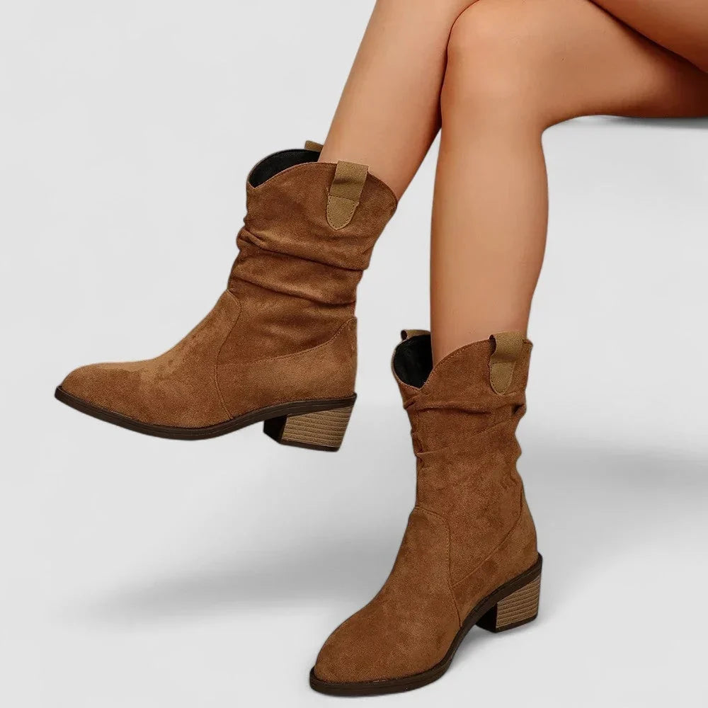 Pointelle - Ruched Mid-Calf Ankle Boots with Pointed Toe