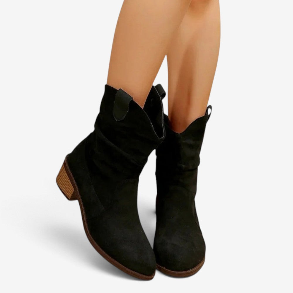 Pointelle - Ruched Mid-Calf Ankle Boots with Pointed Toe