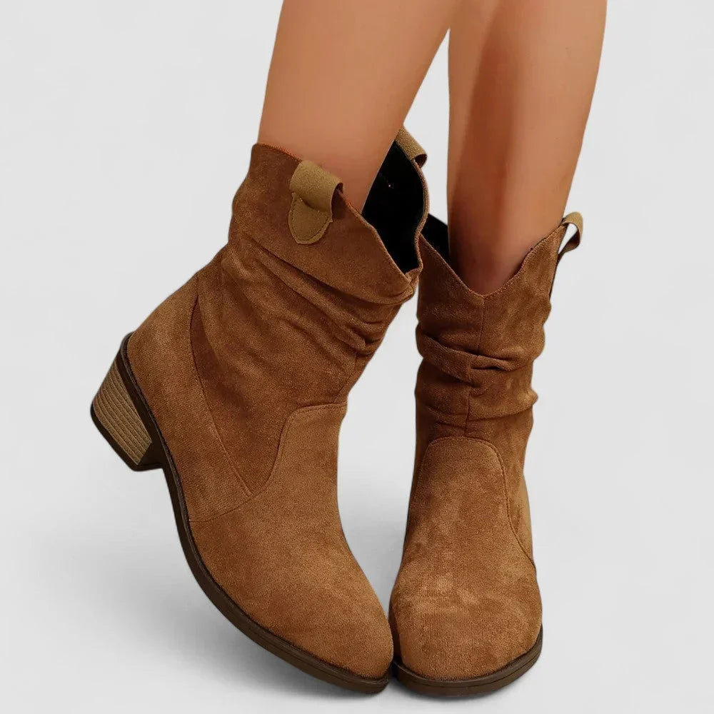 Pointelle - Ruched Mid-Calf Ankle Boots with Pointed Toe