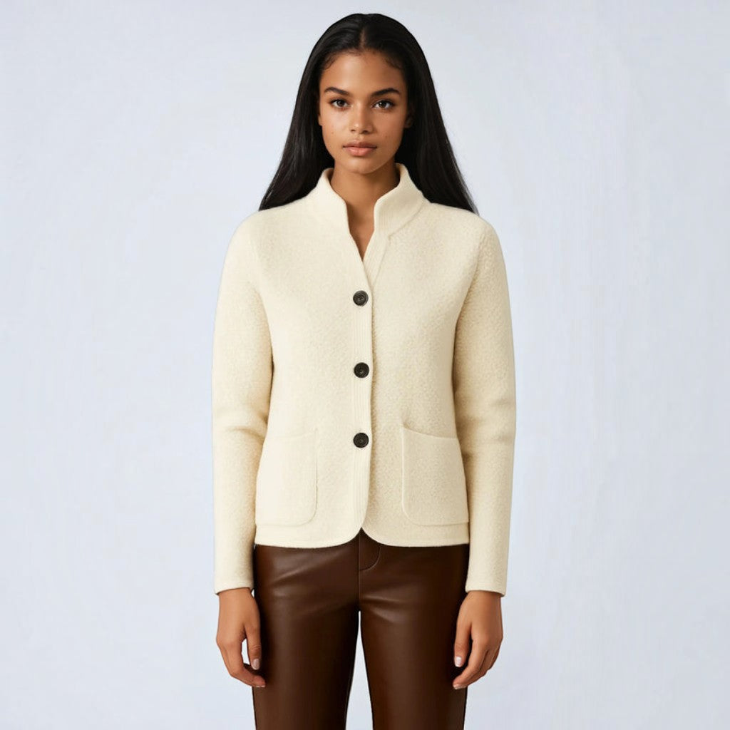 Weave - Women's Cardigan with High Collar and Patch Pockets