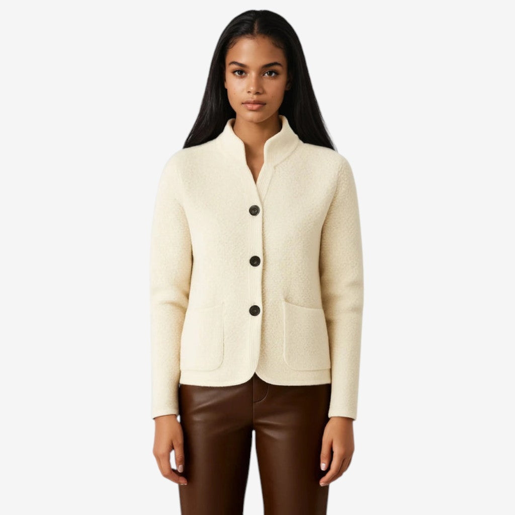 Weave - Women's Cardigan with High Collar and Patch Pockets