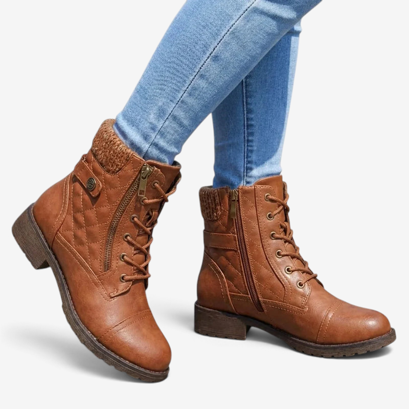 Lacera - Quilted Lace-Up Ankle Boots with Side Zipper