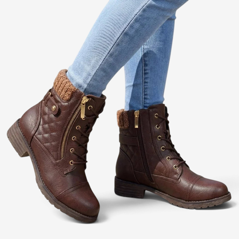 Lacera - Quilted Lace-Up Ankle Boots with Side Zipper