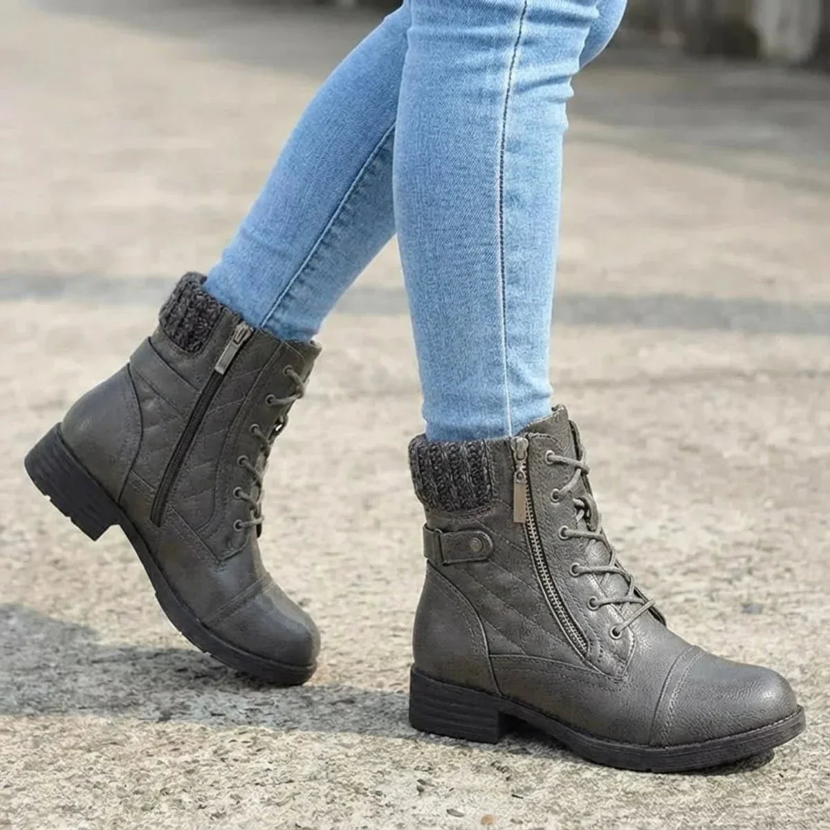 Lacera - Quilted Lace-Up Ankle Boots with Side Zipper