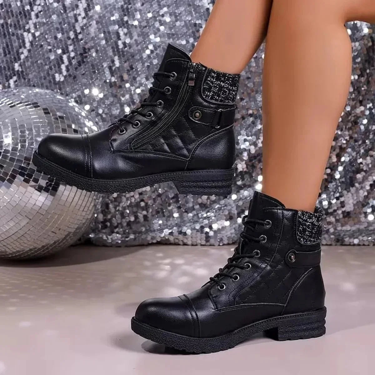 Lacera - Quilted Lace-Up Ankle Boots with Side Zipper