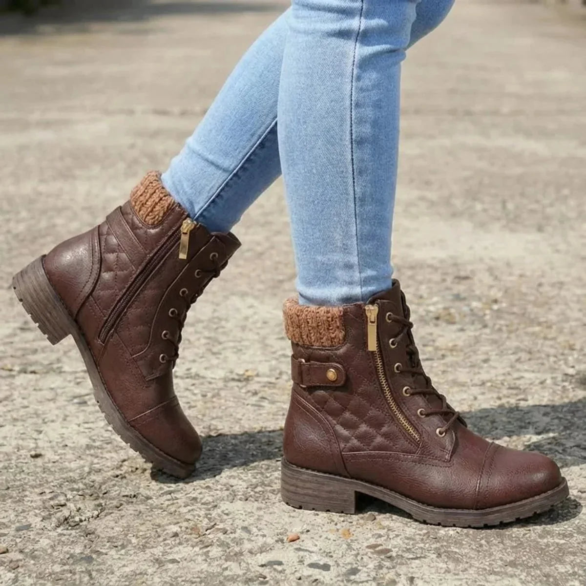 Lacera - Quilted Lace-Up Ankle Boots with Side Zipper