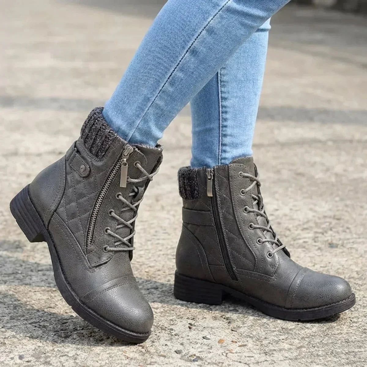 Lacera - Quilted Lace-Up Ankle Boots with Side Zipper