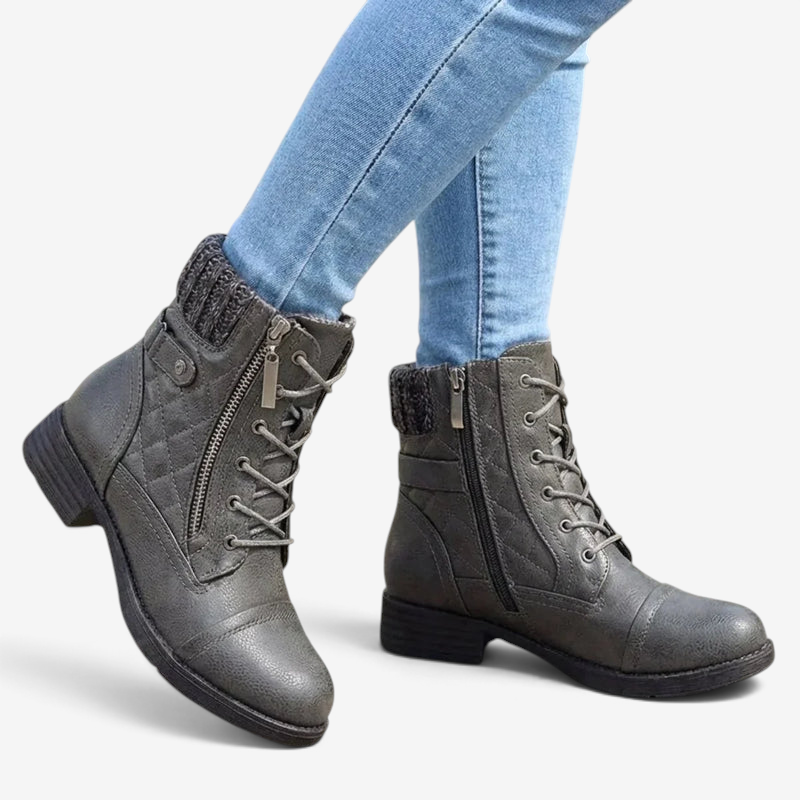 Lacera - Quilted Lace-Up Ankle Boots with Side Zipper