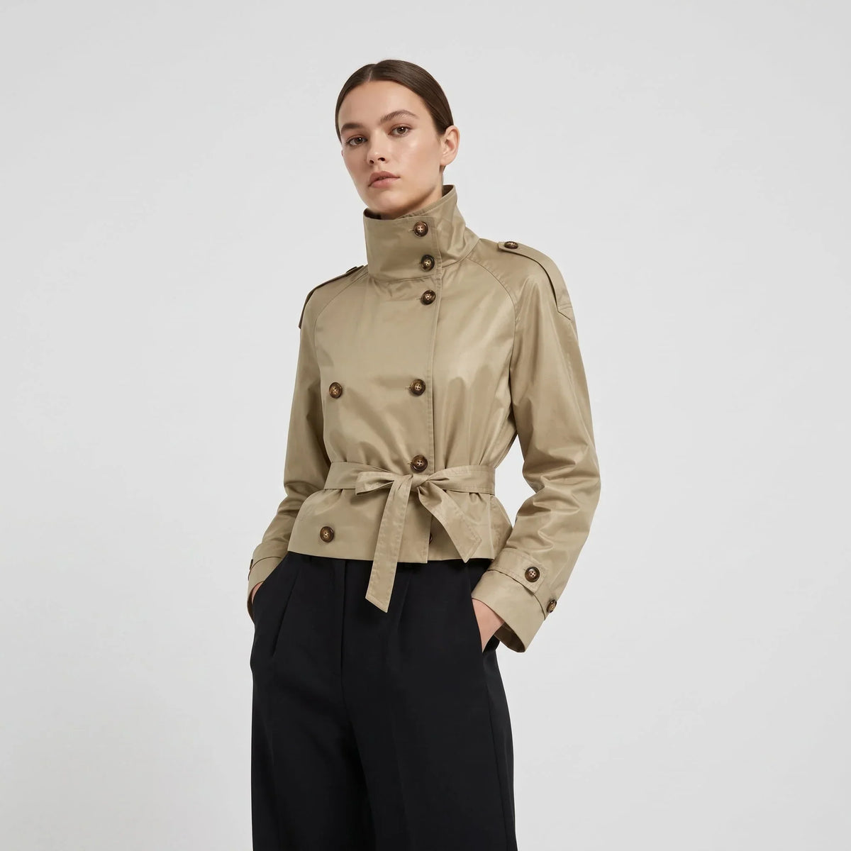 Classic - Women's Short Double-Breasted Trench Coat with Belt