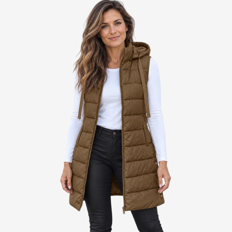 Paddrix - Long Quilted Hooded Vest with Full-Length Zipper