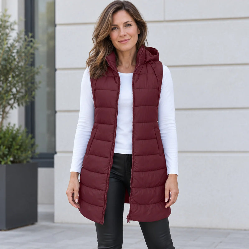 Paddrix - Long Quilted Hooded Vest with Full-Length Zipper