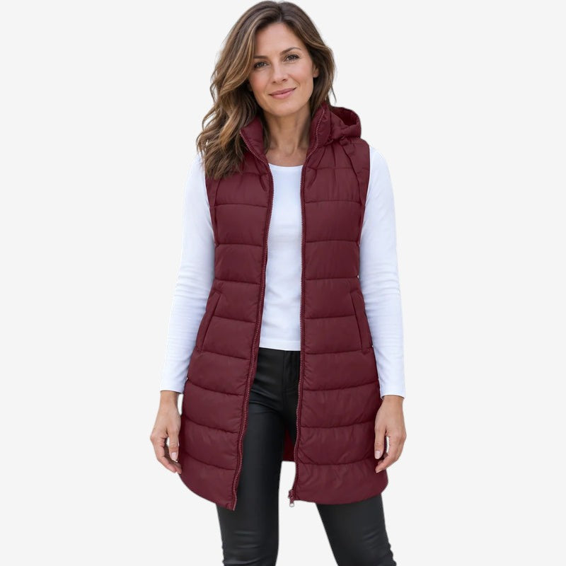 Paddrix - Long Quilted Hooded Vest with Full-Length Zipper