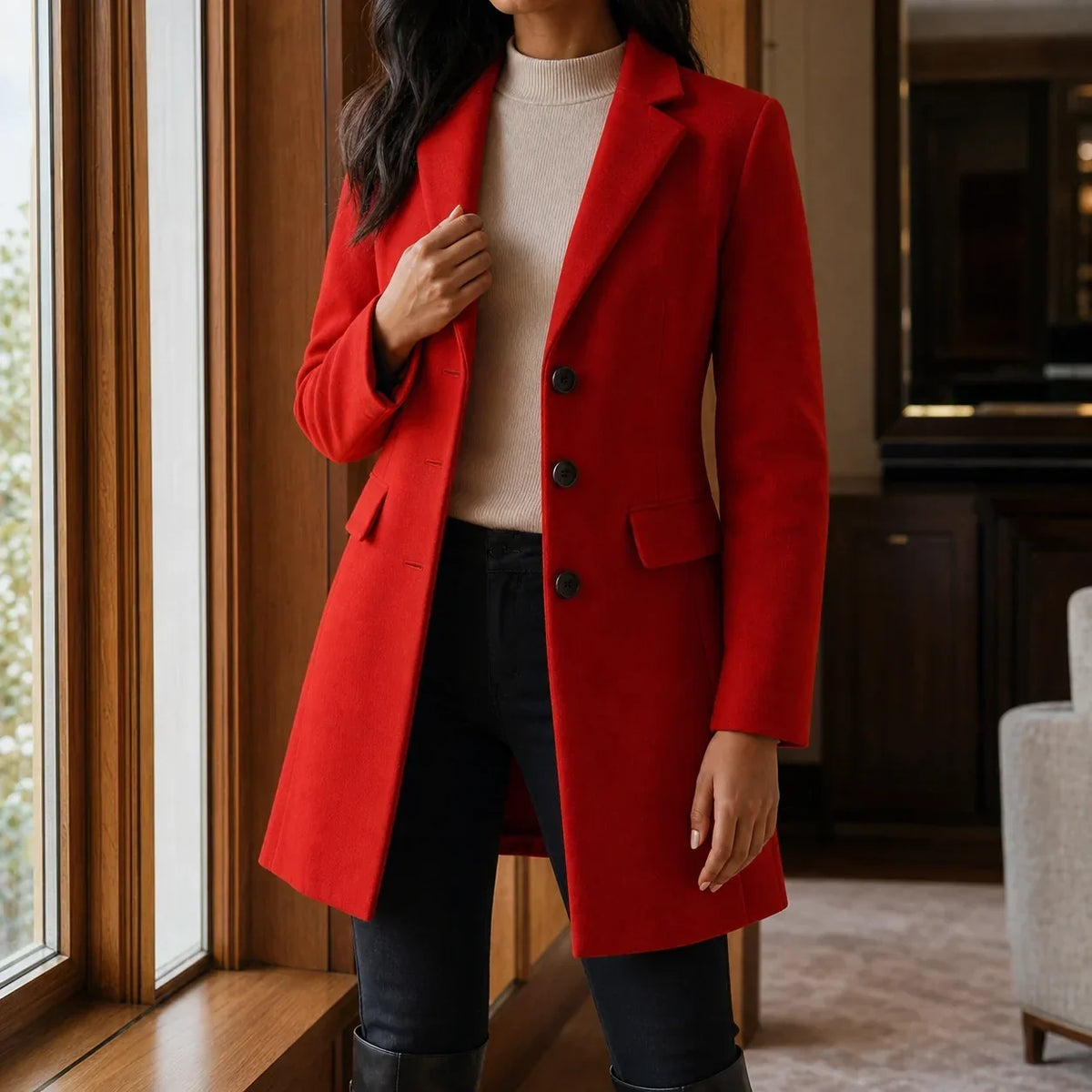 Flapelle - Tailored Mid-Length Coat with Notched Lapels