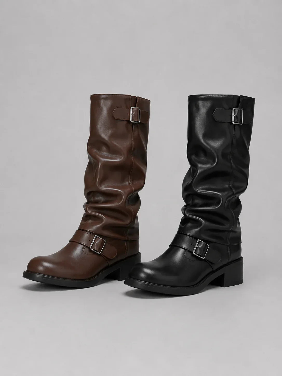 Zipara - High Boots with Ruched Shaft and Double Decorative Buckles