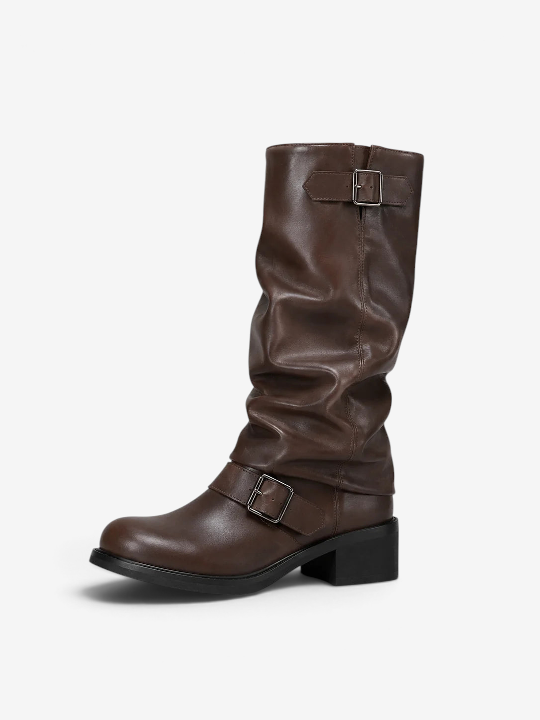 Zipara - High Boots with Ruched Shaft and Double Decorative Buckles