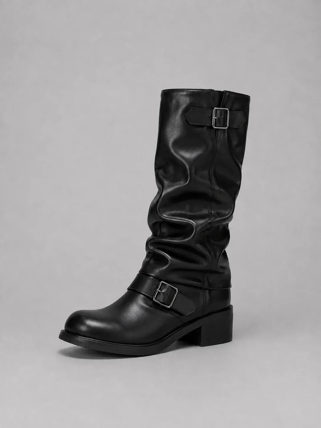 Zipara - High Boots with Ruched Shaft and Double Decorative Buckles