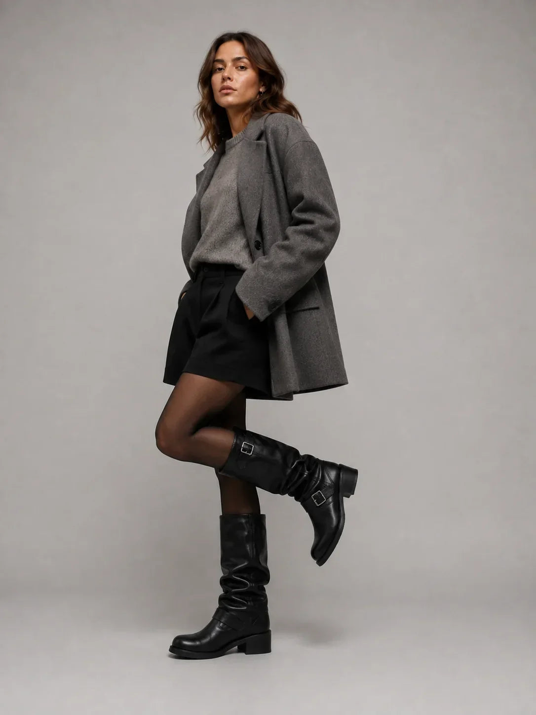 Zipara - High Boots with Ruched Shaft and Double Decorative Buckles