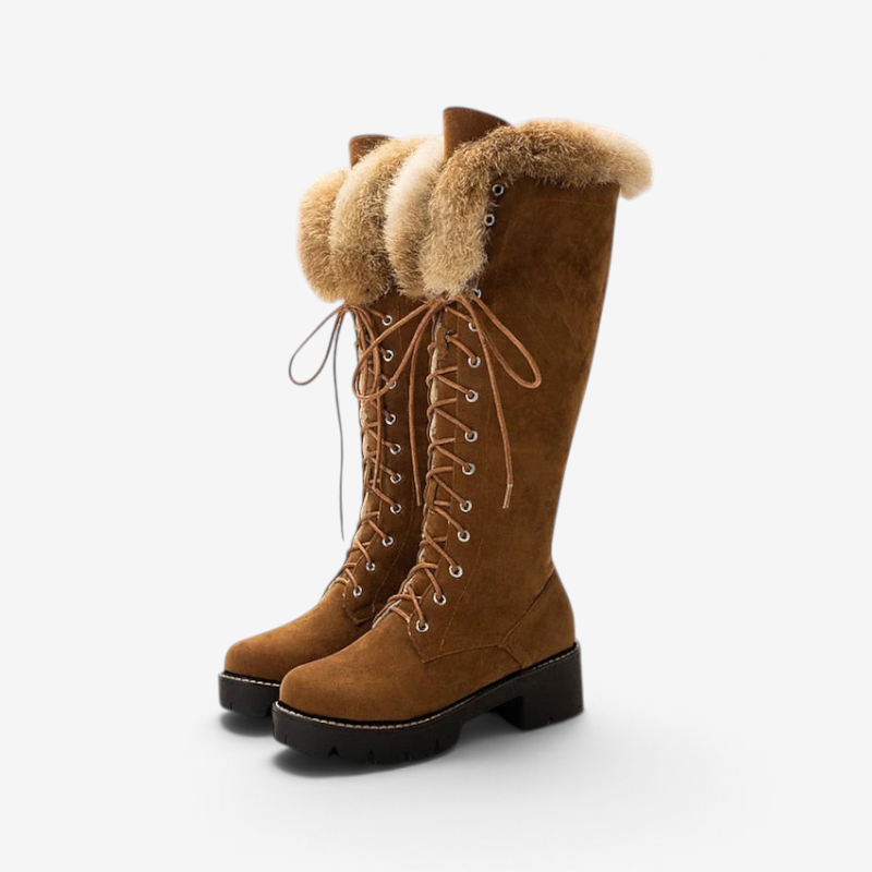Furlace - Lace-Up High Boots with Foldable Fur Collar