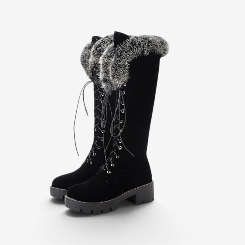 Furlace - Lace-Up High Boots with Foldable Fur Collar