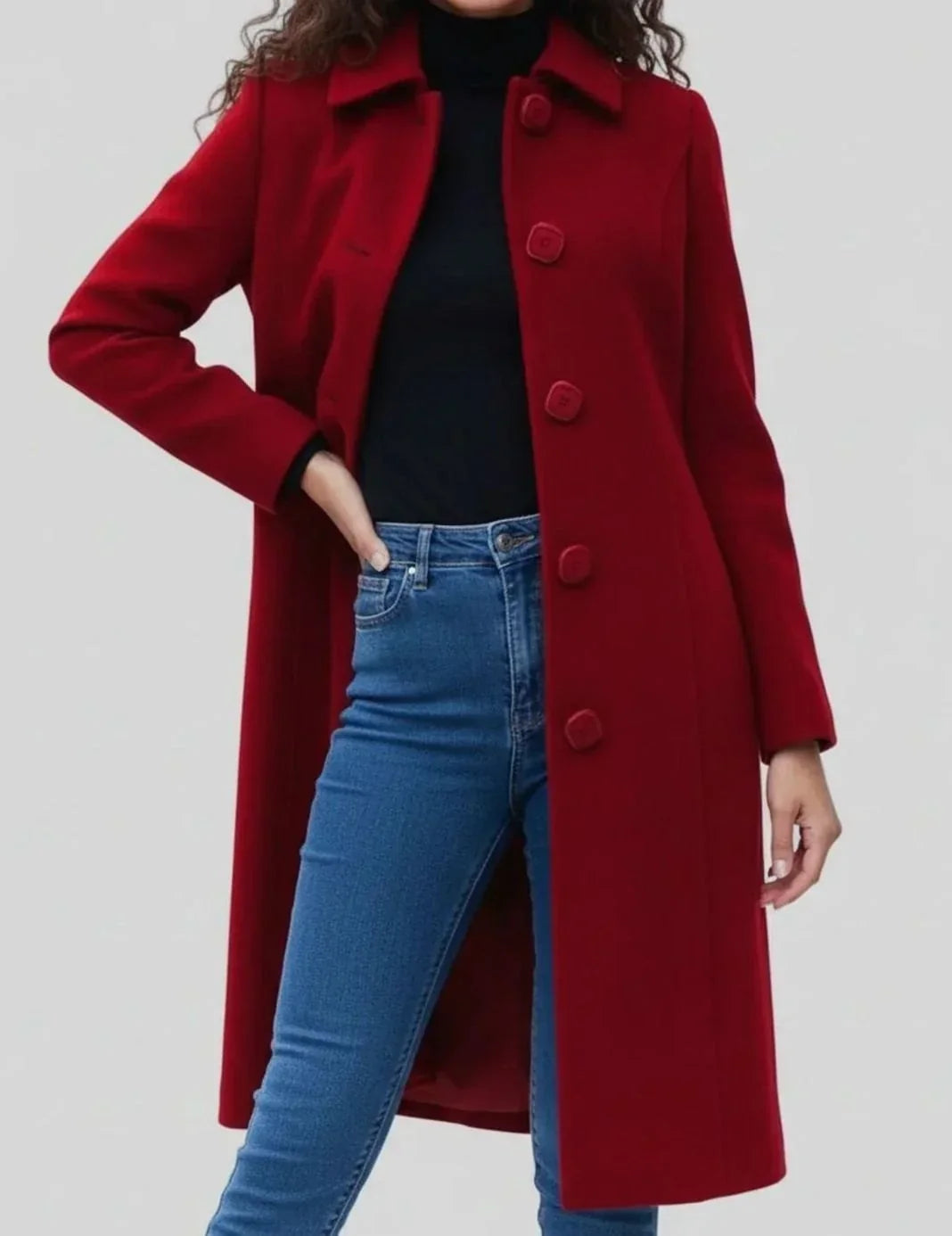 Pattern - Mid-Calf Coat with Shirt Collar and Front Button Closure